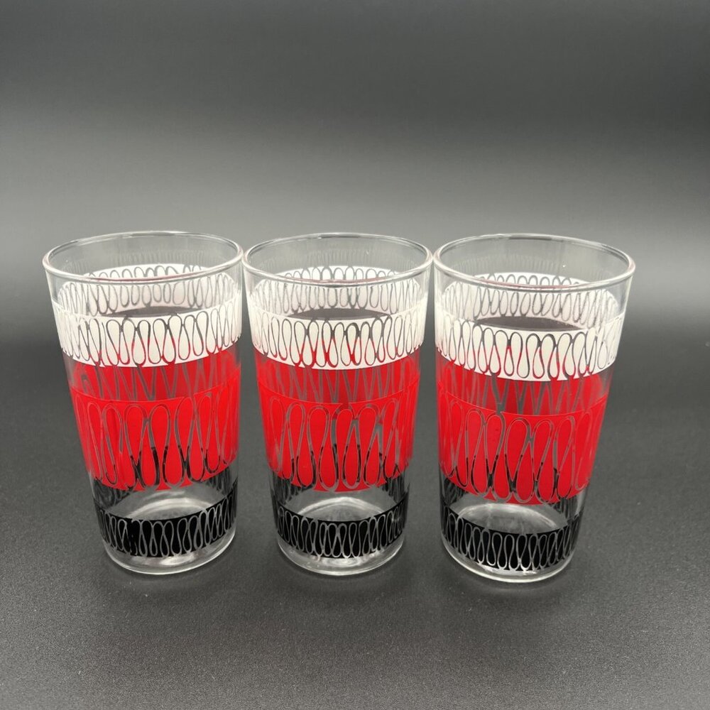 VTG MCM Anchor Hocking Set of 3 Glasses Red White Black Ribbon Squiggle 4 3/4" - Picture 4 of 8